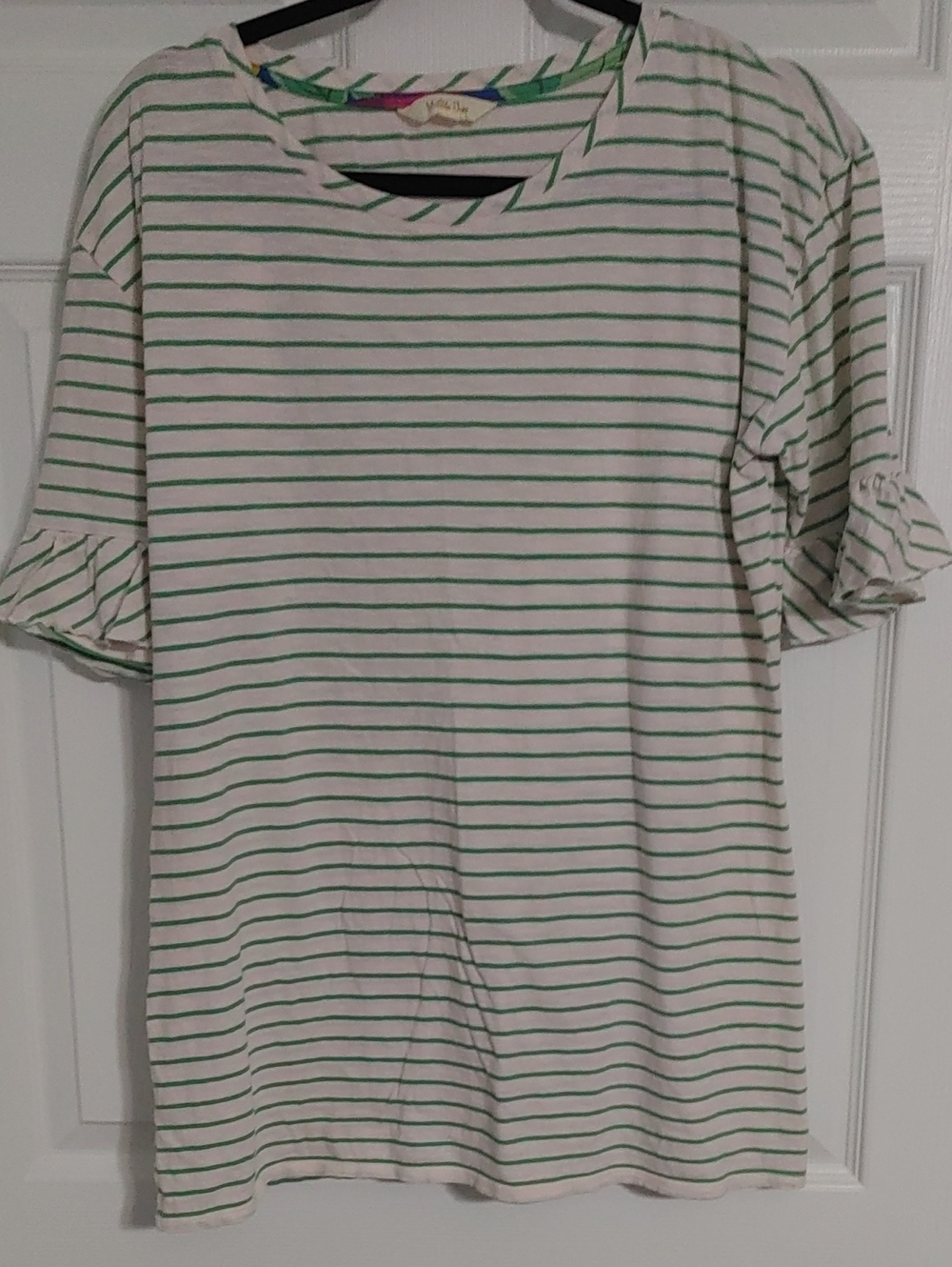 Matilda Jane Ruffle Short Sleeves Tee Cream Shade with Green Stripe Sz Medium